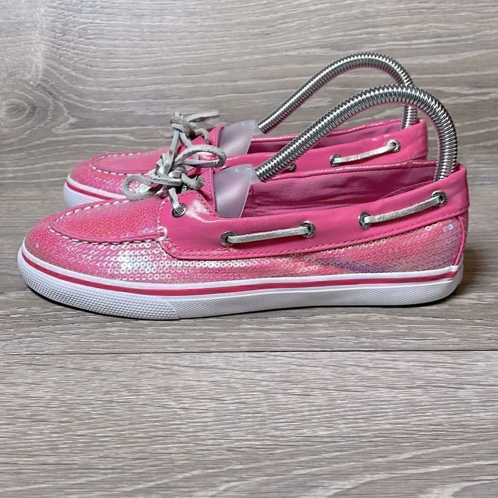 Sperry Top Sider Bahama One Eye Big Girl Sz 5M Pink Sequin Slip On Boat Shoe